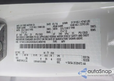 2016 Ford Escape Se z USA, uszkodzony, nr VIN 1FMCU9GX0GUC45016